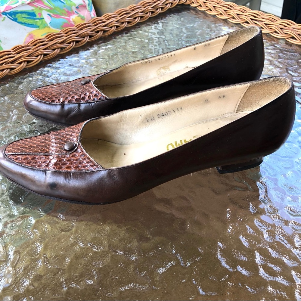 Salvatore Ferragamo Brown Leather Low Heel Pumps, Snake Skin, Women’s 8, Italian